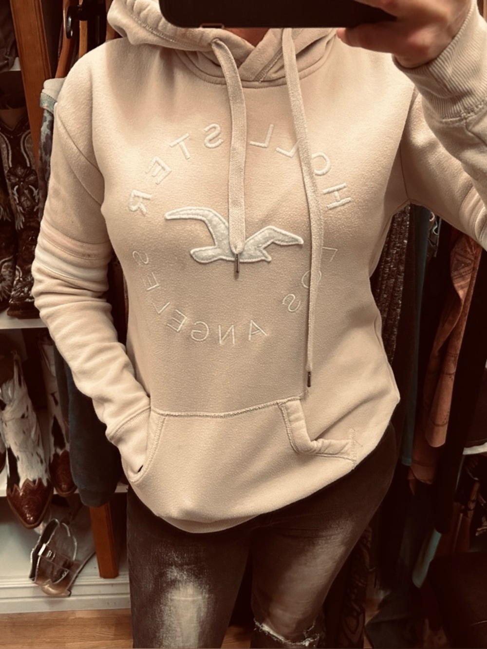 Hollister Cream Embroidered Logo Pullover Hoodie